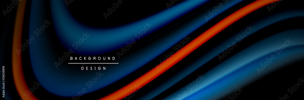 Fototapeta premium Сolorful flow poster. Wave liquid lines and shapes in black color background. Vector Illustration