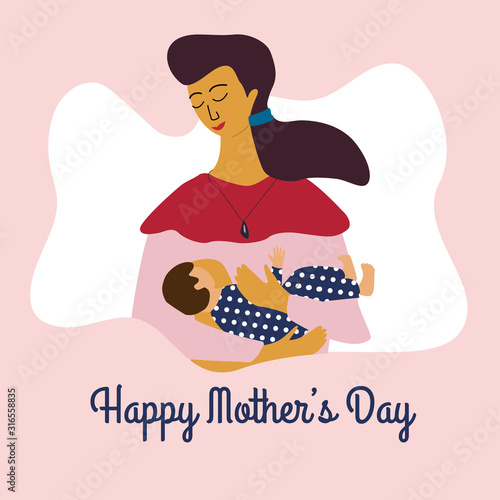 Happy mothers day. Breastfeeding and lactation Young mother feeding a baby with breast. Mom holding a new born baby in hands. Flat colorful vector illustration in cartoon style