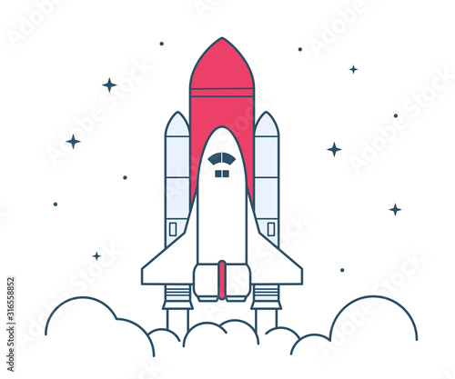 Space rocket launch. Technology spaceship, science and shuttle. Symbol of successful start. Vector illustration in linear style. Isolated on white background