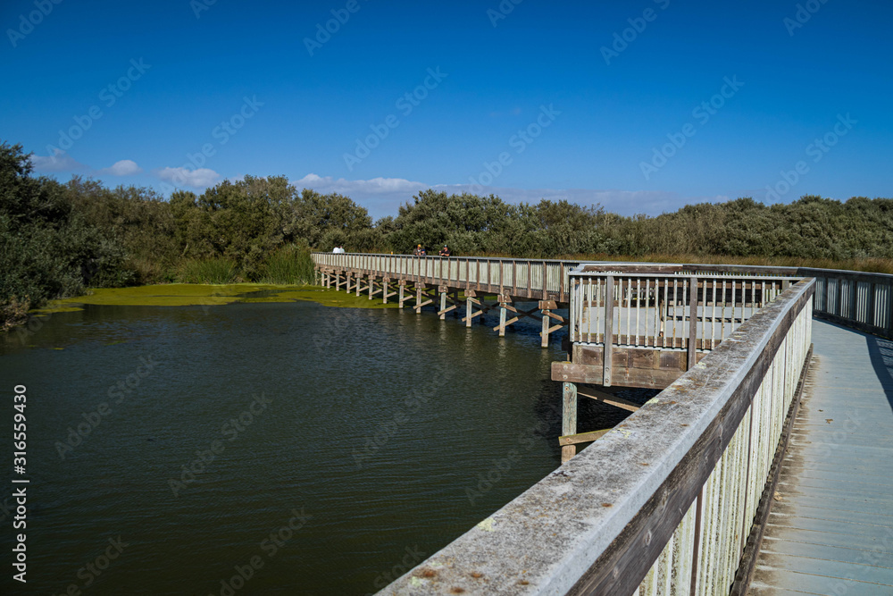 Wooden bridge across Oso Flaco Lake, California