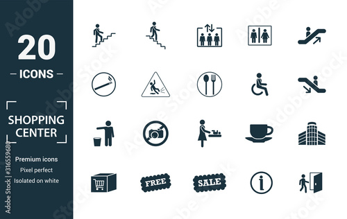 Shopping Center Icons icon set. Include creative elements stairway up, elevator, smoking, disabled, garbage icons. Can be used for report, presentation, diagram, web design