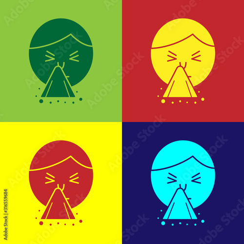 Color Man holding handkerchief or napkin to his runny nose icon isolated on color background. Coryza desease symptoms. Vector Illustration