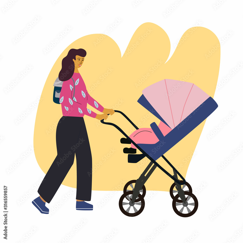 Happy woman goes for a walk with baby and stroller. Mother with backpack walking with child. Maternity concept, abstract backgrnd. Flat colorful vector illustration in trendy cartoon style