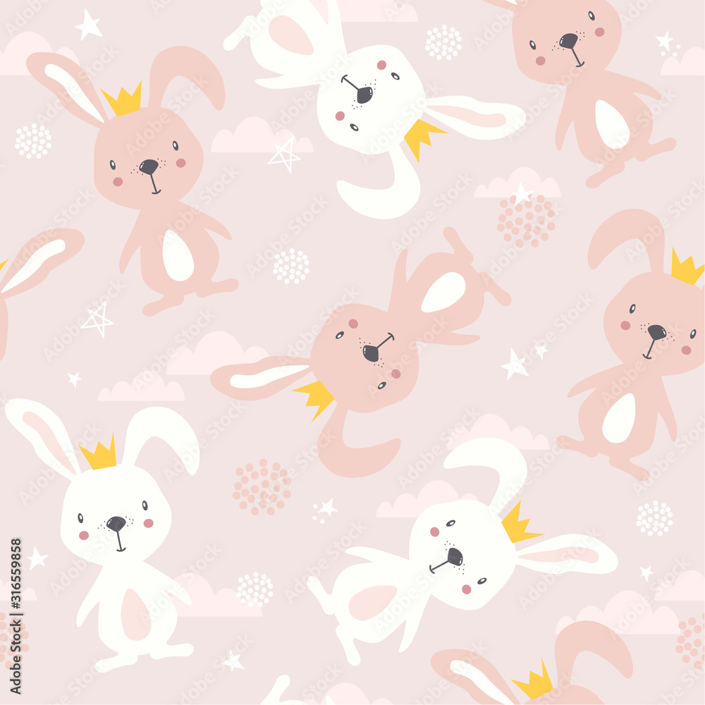 Bunnies, hand drawn backdrop. Colorful seamless pattern with animals. Decorative cute wallpaper, good for printing. Overlapping background vector. Design illustration, rabbits