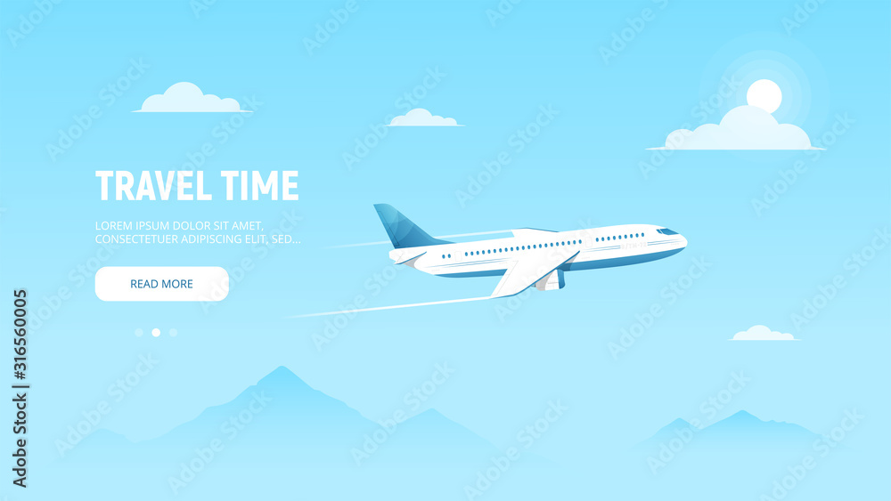Airplane flies in the sky over peaks mountains. Travel, business flights, cargo delivery worldwide. Aircraft flight. Concept web banner time to travel. Vector illustration in flat style.