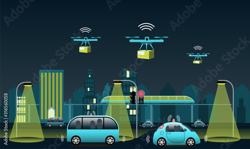 Night view of a modern city with 5G connected public transports. Drones and autonomous vehicles.