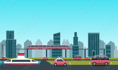 City view with renewable electrified public transports. Driverless vehicles, electrified train and ferry. Everything connected using IoT enabling optimization of resources. 