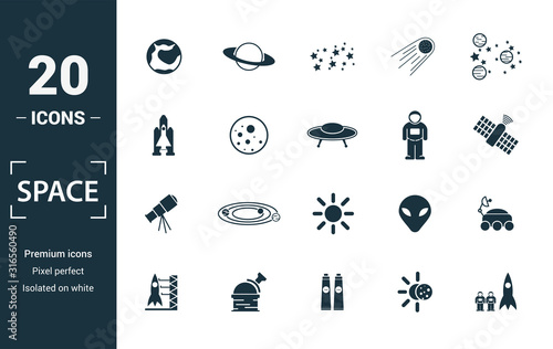Space icon set. Include creative elements earth planet, stars, spaceship, spacemen, telescope icons. Can be used for report, presentation, diagram, web design