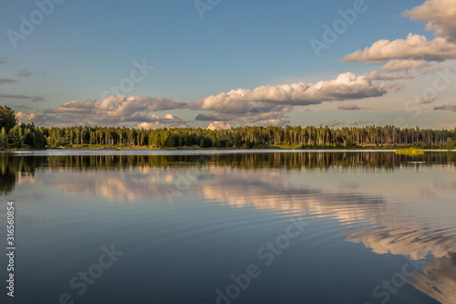 Mirror surface of a forest lake in clear summer weather