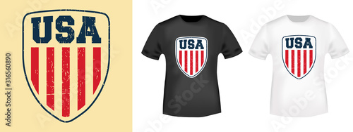 USA shield t-shirt print stamp for tee, t shirts applique, fashion, badge, label retro clothing, jeans, and casual wear. Vector illustration