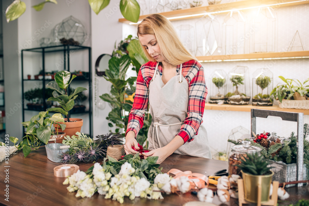 flowers lover, young caucasian florist woman look after and take care of plants, wearing white apron on red checkered shirt, surrounded by green plants, flora and botany concept