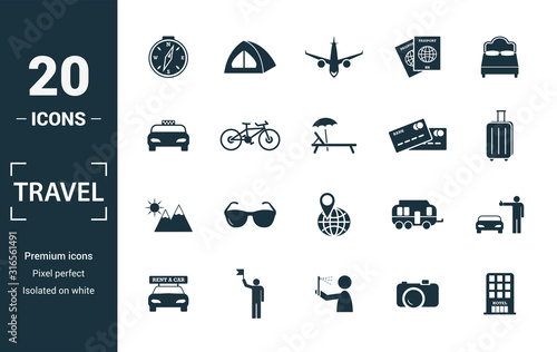 Travel icon set. Include creative elements compass, aircraft, taxi, credit card, sun and mountains icons. Can be used for report, presentation, diagram, web design