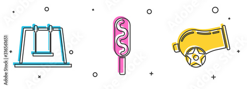 Set Swing, Corn dog and Cannon icon. Vector