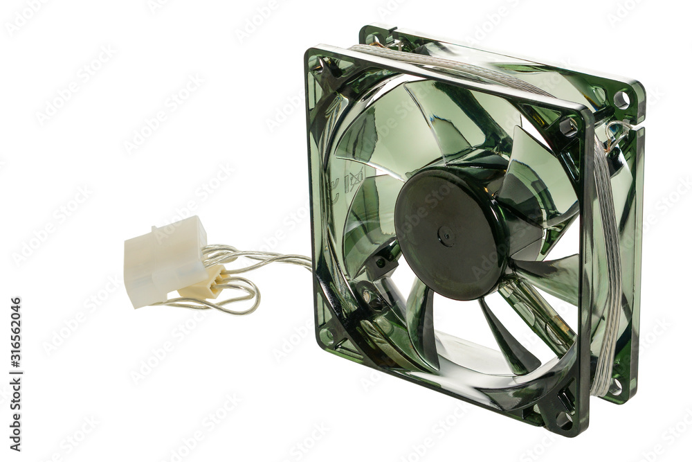Computer translucent fan. Front view of semitransparent pc cooler with power connectors, isolated on white background, high resolution. Computer translucent fan. Front view of semitransparent pc cooler with power connectors, isolated on white background, high resolution.