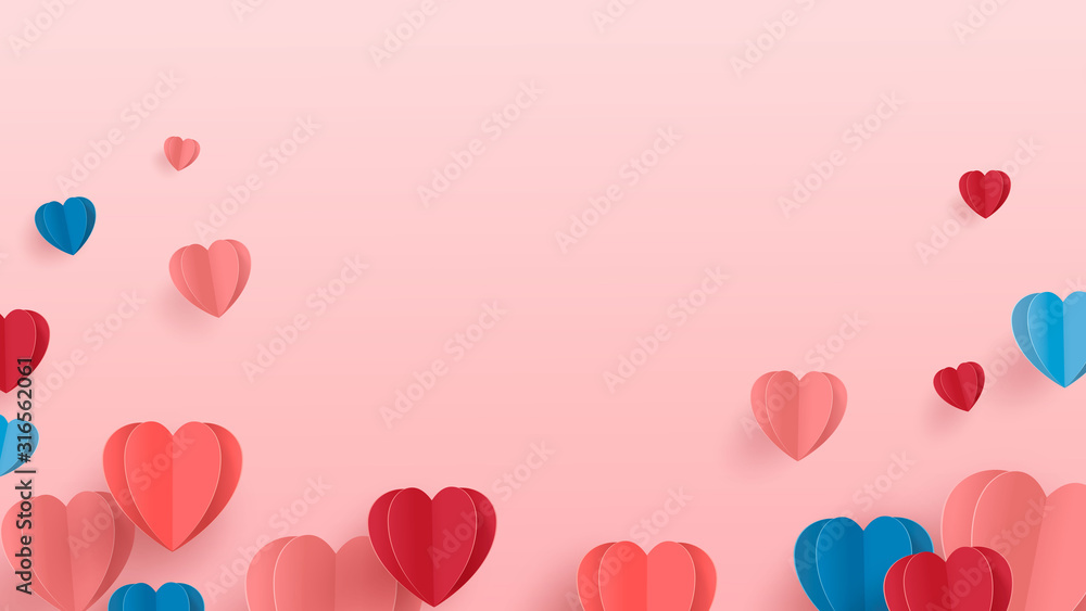 Abstract 3d illustration cut paper of pink and blue heart shape with inscription love and small hearts. Vector colorful greeting card template in paper carving style. Vector
