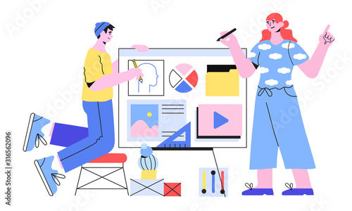 Vector illustration of designers doing presentation or preparing a new project. Creative team of web designers prototyping a new web site, landing page or mibile application. Teamwork concept.