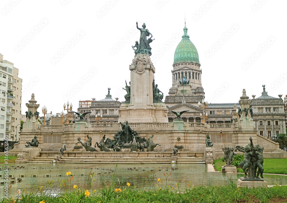 Monument of the Two Congresses with the Palace of Congress on Congressional Plaza in Buenos Aires, Argrntina 