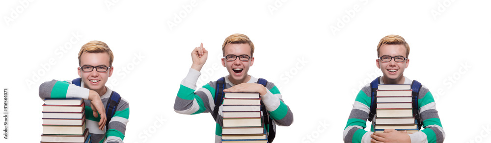 Funny student with stack of books Funny student with stack of books