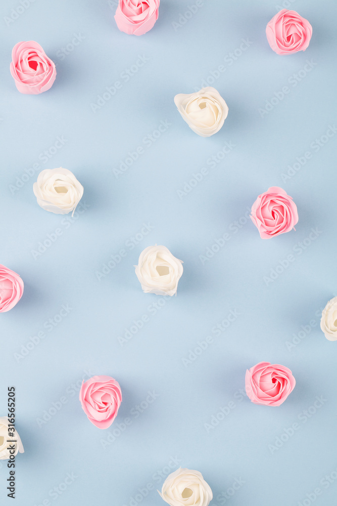 pattern with pink and white bright roses on blue background. pattern with pink and white bright roses on blue background.
