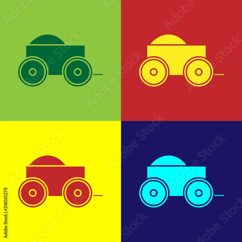 Color Wooden four-wheel cart with hay icon isolated on color background. Vector Illustration