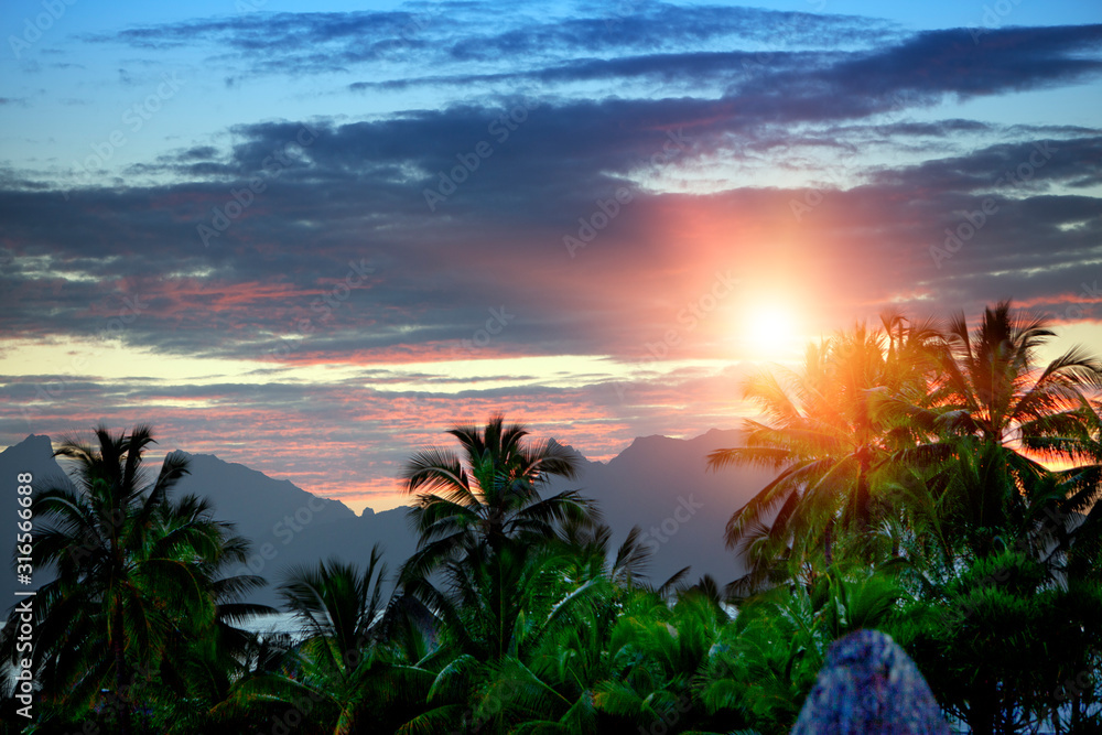 Sunset over the sea and mountains, Tahiti