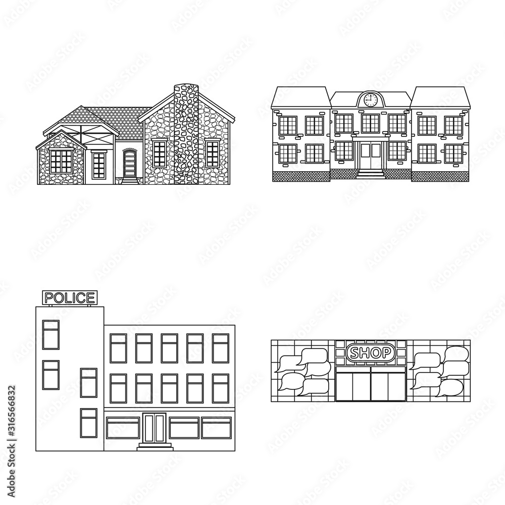 Vector illustration of building and front symbol. Set of building and roof vector icon for stock.