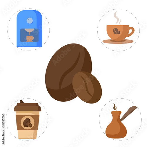 coffee flat icon set. coffee bean, turkish coffee, machine, disposable cup