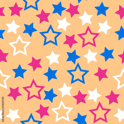 seamless pattern with red and blue stars on peach background