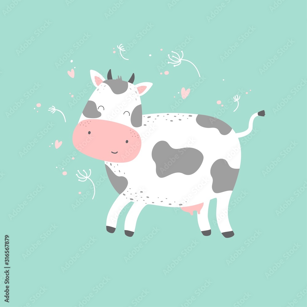 Cute cartoon character cow. Print for baby shower party. Vector print with baby cow. Cute cartoon character cow. Print for baby shower party. Vector print with baby cow.