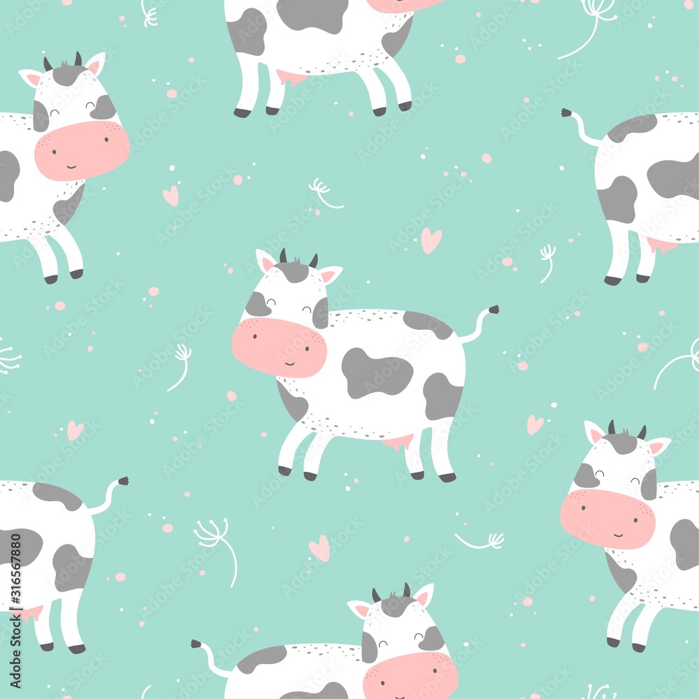 Seamless pattern with cute cartoon character cow. Print for baby shower party. Vector print with baby cow.