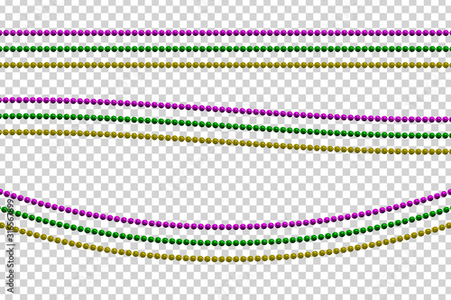 Vector realistic isolated beads for Mardi Gras for template decoration and covering on the transparent background. Concept of Happy Mardi Gras.