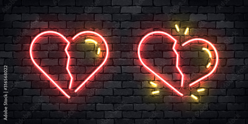 Vector set of realistic isolated neon sign of Broken Heart logo for