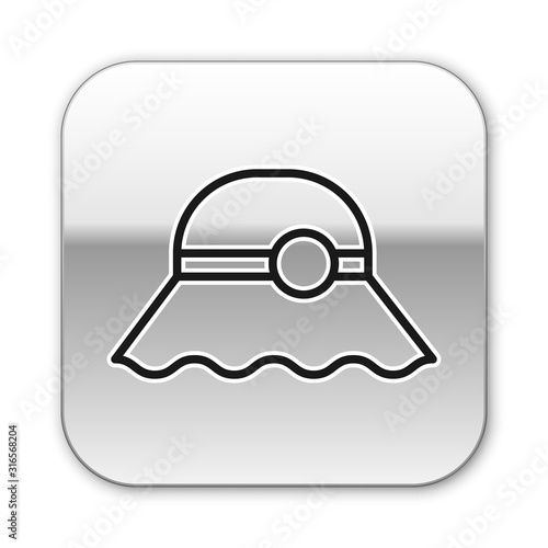 Black line Elegant women hat icon isolated on white background. Silver square button. Vector Illustration