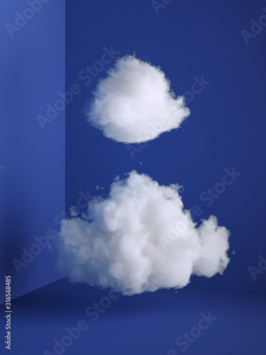 3d render  white fluffy clouds levitating inside the minimal room interior. Objects isolated on blue background  modern design  abstract metaphor. Color of the year 2020