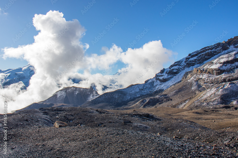 Morning climbing to Thorong-La, sunrise in Nepal. Morning climbing to Thorong-La, sunrise in Nepal.