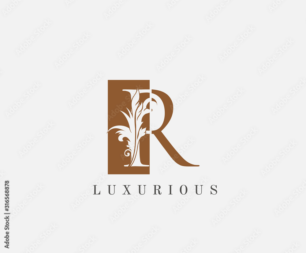 R Letter Classic Floral Logo. Luxury R Swirl Square Logo Icon