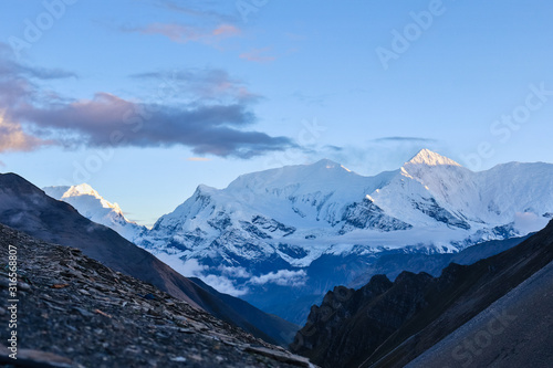 Fast sunset viewed from High camp of Thorong-La valley in Nepal.