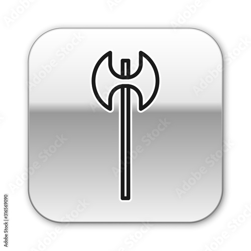 Black line Medieval axe icon isolated on white background. Battle axe, executioner axe. Medieval weapon. Silver square button. Vector Illustration