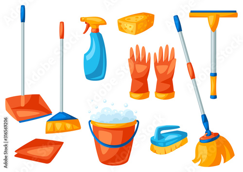 Housekeeping cleaning items set.