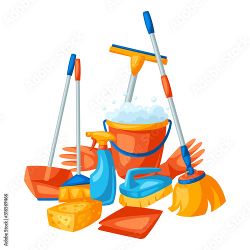 Housekeeping background with cleaning items.