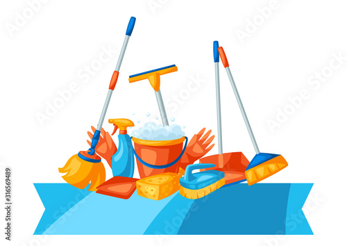 Housekeeping background with cleaning items.