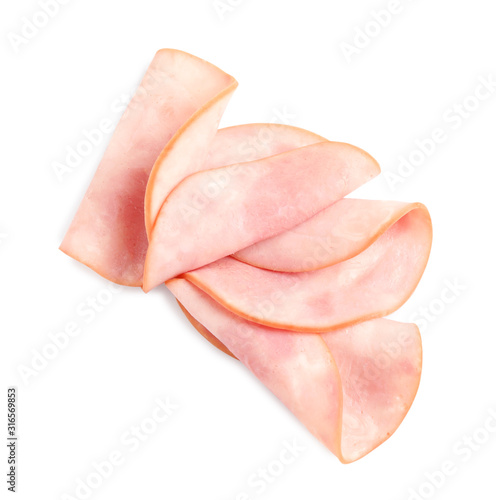 фотографія Slices of tasty fresh ham isolated on white, top view