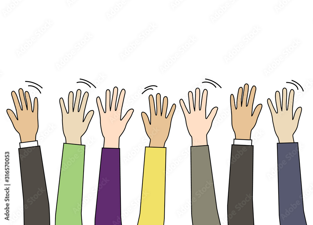 Hands up. People raised their hands up. People vote, wave their hands. Vector illustration isolated on a white background.