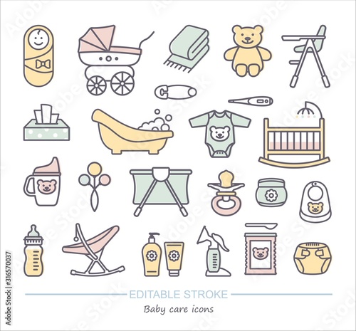 Baby care. Line icons with editable stroke