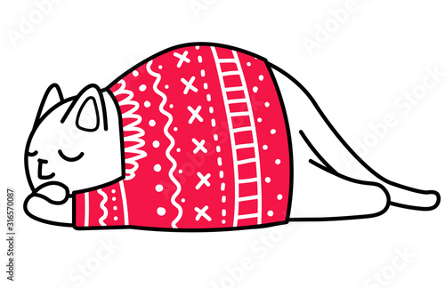 Cartoon Vector Illustration Drawing Of Cat Sleeping And Wearing A Red Ugly Christmas Sweater