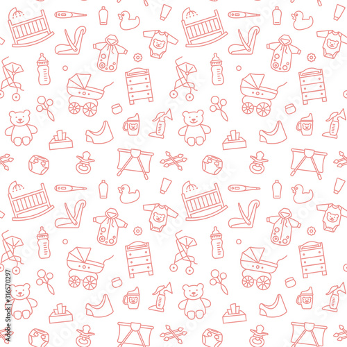 Seamless background with linear baby care symbols