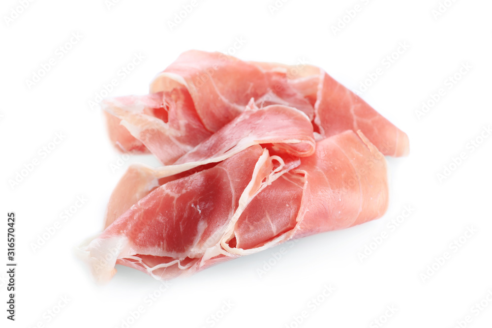 Slices of tasty prosciutto on white background Slices of tasty prosciutto on white background