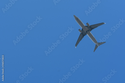 Bottom View of the Airplane in the sky with blank copy space for travel comcept