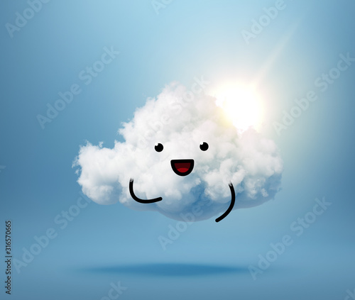 3d render, kawaii cotton cloud character, shining sun, mascot isolated on blue background. Happy emotion. Cute illustration Facial expression. Happy little guy looking at camera. Weather forecast icon