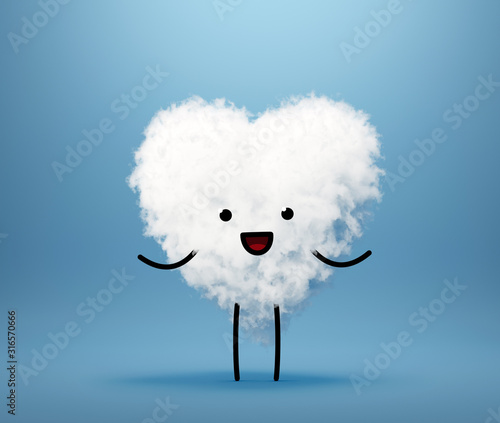 3d render, heart shape white cotton cloud character, mascot isolated on blue background. Happy emotion. Valentine day illustration. Facial expression. Happy little guy looking at camera. Kawaii icon